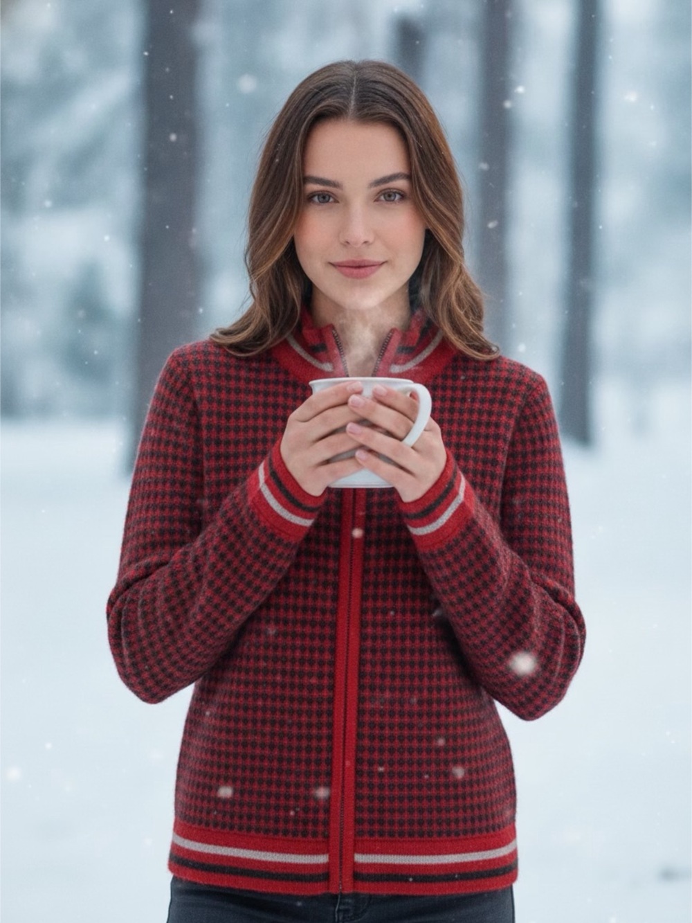 McDonald New Zealand premium Knit Women's Red Patterned Zip Jacket Sz L